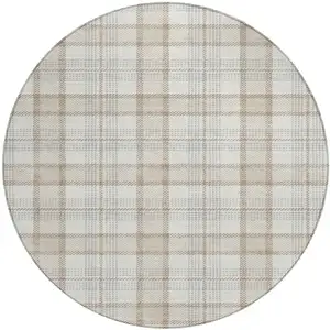 Photo of 8' Linen And Brown Round Plaid Washable Indoor Outdoor Area Rug