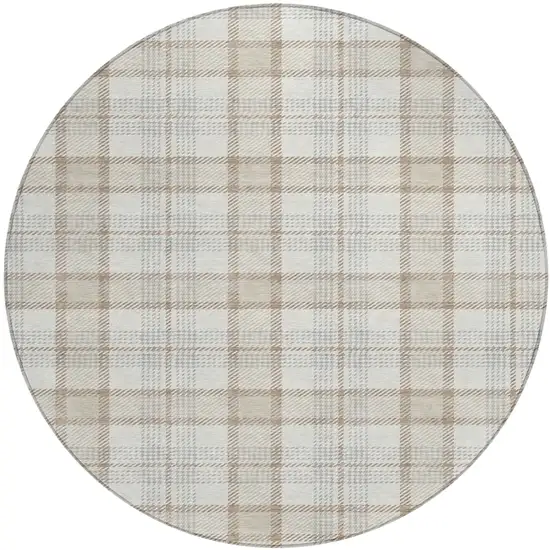 8' Linen And Brown Round Plaid Washable Indoor Outdoor Area Rug Photo 2