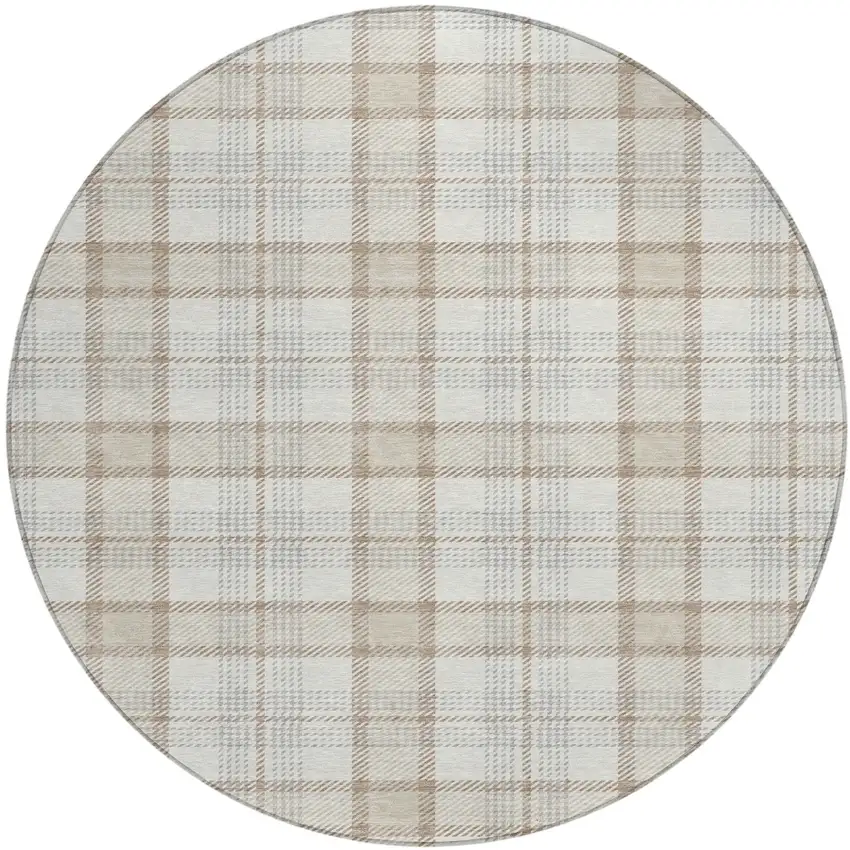 8' Linen And Brown Round Plaid Washable Indoor Outdoor Area Rug Photo 2