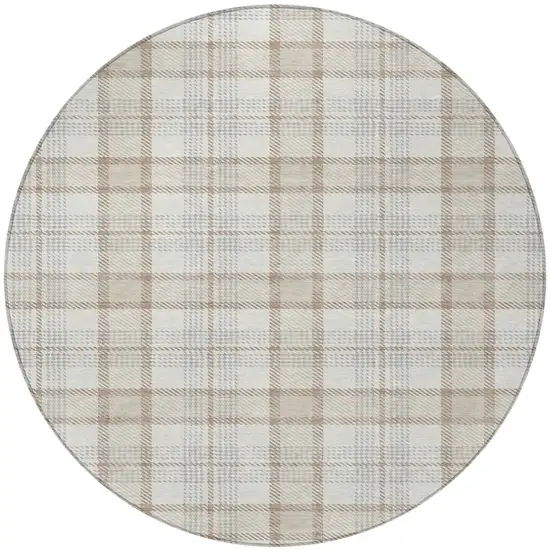 8' Linen And Brown Round Plaid Washable Indoor Outdoor Area Rug Photo 6