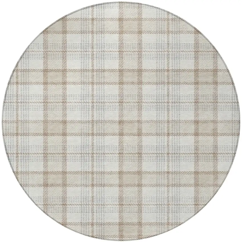 8' Linen And Brown Round Plaid Washable Indoor Outdoor Area Rug Photo 6