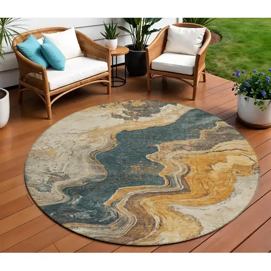 8' Linen And Charcoal Round Abstract Washable Indoor Outdoor Area Rug Photo 2