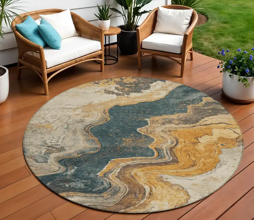 8' Linen And Charcoal Round Abstract Washable Indoor Outdoor Area Rug Photo 2