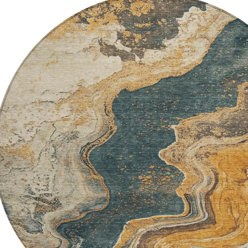 8' Linen And Charcoal Round Abstract Washable Indoor Outdoor Area Rug Photo 9