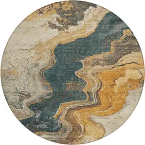 Photo of 8' Linen And Charcoal Round Abstract Washable Indoor Outdoor Area Rug