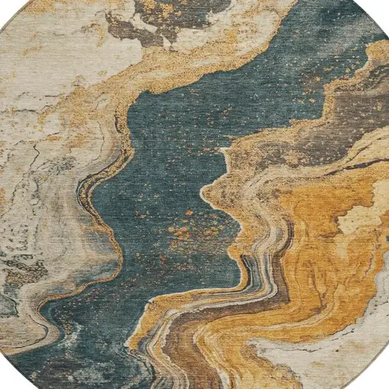 8' Linen And Charcoal Round Abstract Washable Indoor Outdoor Area Rug Photo 4