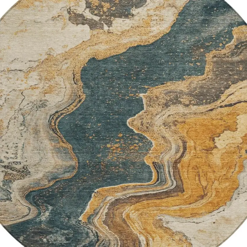 8' Linen And Charcoal Round Abstract Washable Indoor Outdoor Area Rug Photo 4