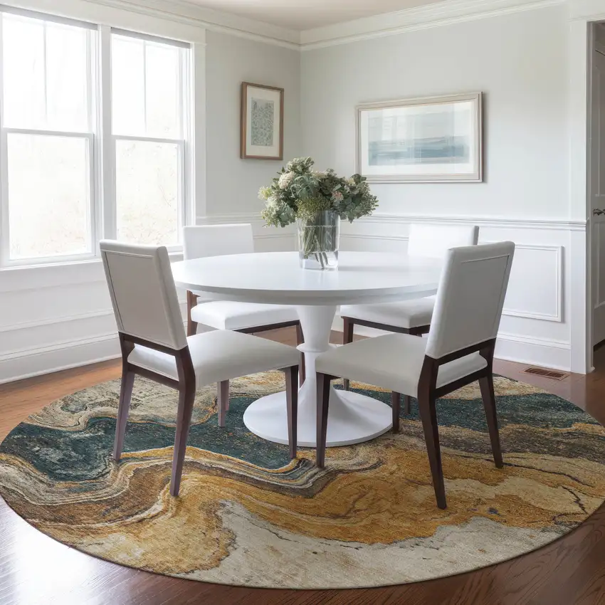 8' Linen And Charcoal Round Abstract Washable Indoor Outdoor Area Rug Photo 6