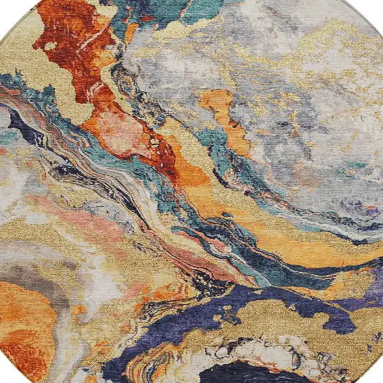 8' Linen And Charcoal Round Abstract Washable Indoor Outdoor Area Rug Photo 9