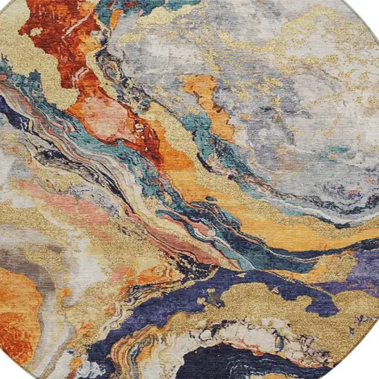 8' Linen And Charcoal Round Abstract Washable Indoor Outdoor Area Rug Photo 4