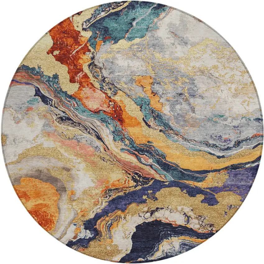 8' Linen And Charcoal Round Abstract Washable Indoor Outdoor Area Rug Photo 1