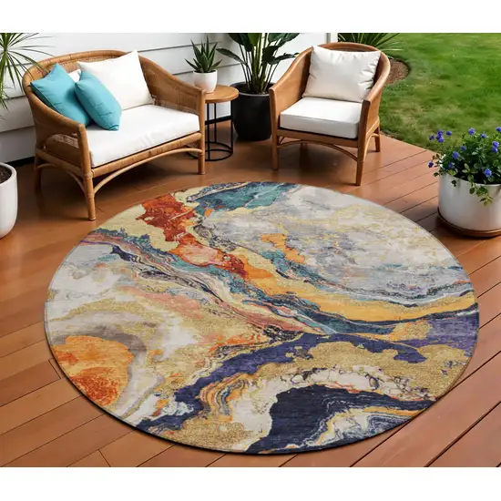 8' Linen And Charcoal Round Abstract Washable Indoor Outdoor Area Rug Photo 2