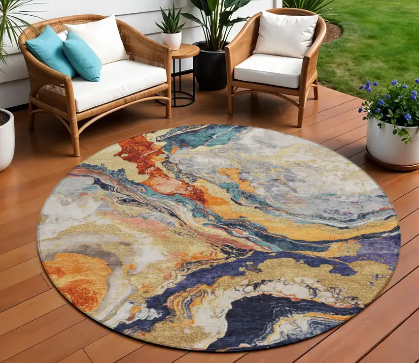8' Linen And Charcoal Round Abstract Washable Indoor Outdoor Area Rug Photo 2