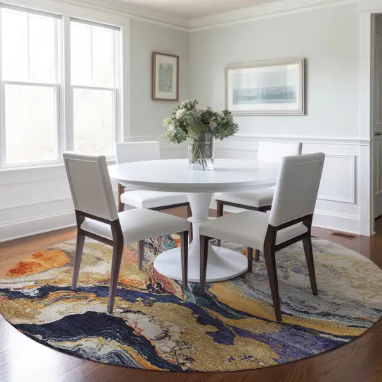 8' Linen And Charcoal Round Abstract Washable Indoor Outdoor Area Rug Photo 6