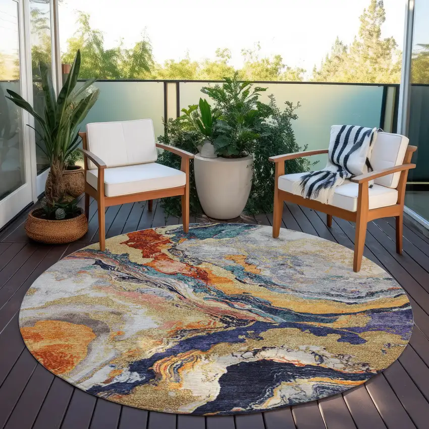 8' Linen And Charcoal Round Abstract Washable Indoor Outdoor Area Rug Photo 5