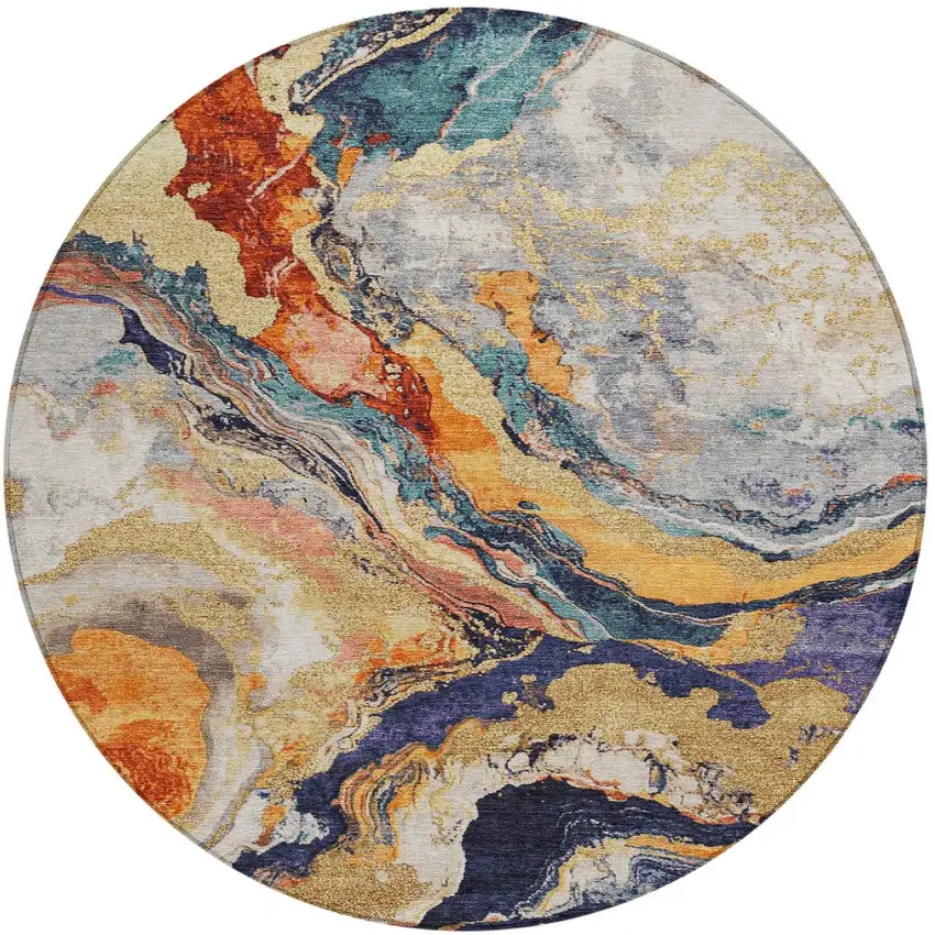 8' Linen And Charcoal Round Abstract Washable Indoor Outdoor Area Rug Photo 3