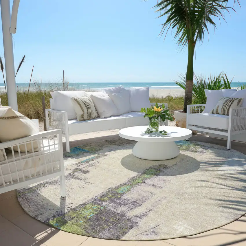 8' Linen And Fern Green Round Abstract Washable Indoor Outdoor Area Rug Photo 5