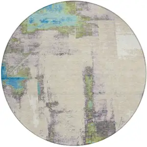 Photo of 8' Linen And Fern Green Round Abstract Washable Indoor Outdoor Area Rug