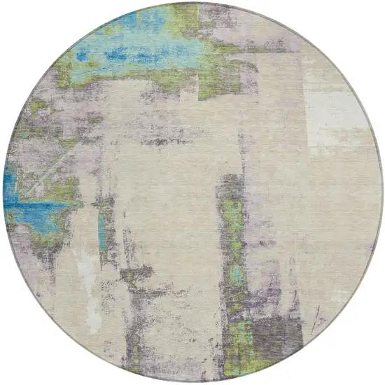8' Linen And Fern Green Round Abstract Washable Indoor Outdoor Area Rug Photo 1