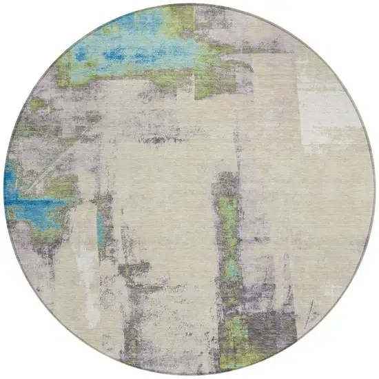 8' Linen And Fern Green Round Abstract Washable Indoor Outdoor Area Rug Photo 3