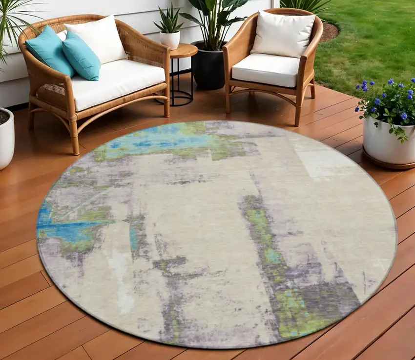 8' Linen And Fern Green Round Abstract Washable Indoor Outdoor Area Rug Photo 2