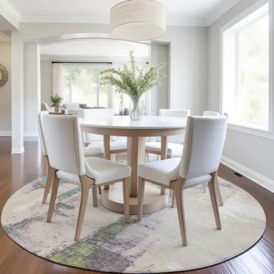 8' Linen And Fern Green Round Abstract Washable Indoor Outdoor Area Rug Photo 6