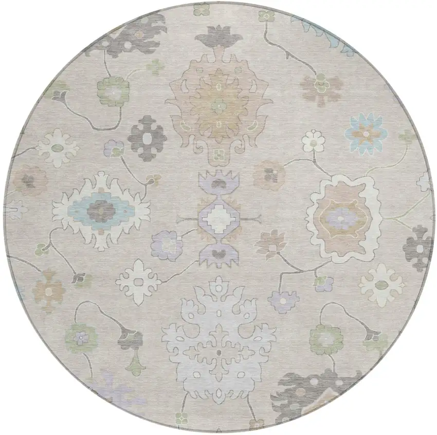 8' Linen And Fern Green Round Oriental Washable Indoor Outdoor Area Rug Photo 2
