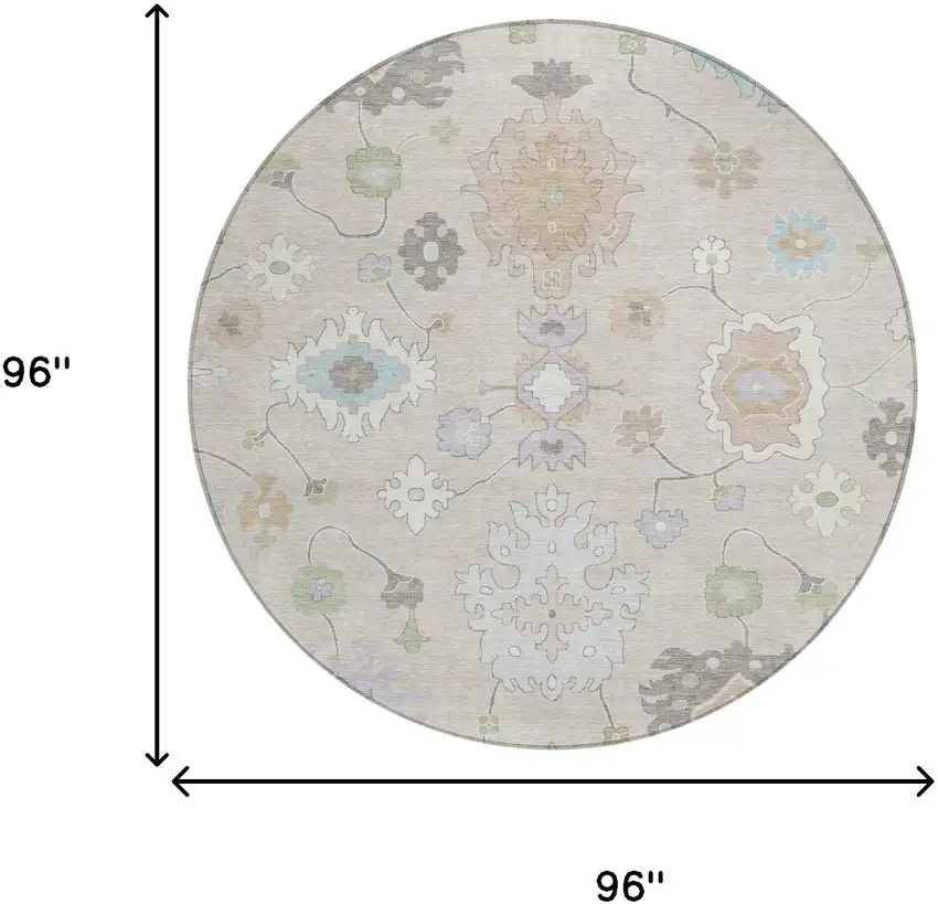 8' Linen And Fern Green Round Oriental Washable Indoor Outdoor Area Rug Photo 8
