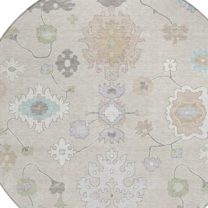 8' Linen And Fern Green Round Oriental Washable Indoor Outdoor Area Rug Photo 5
