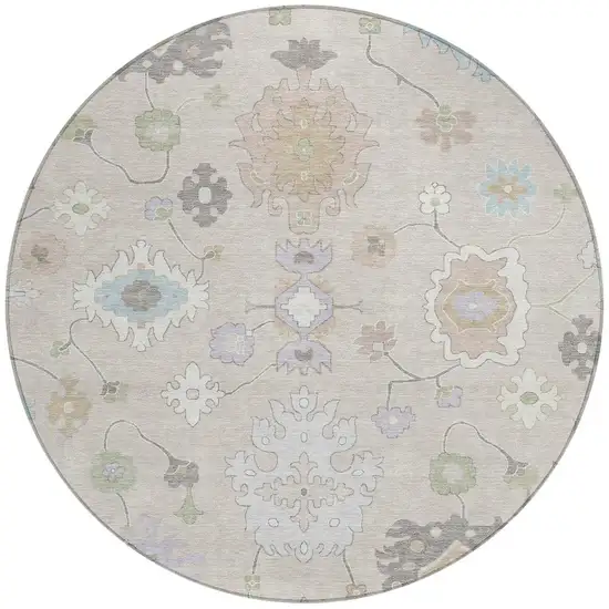 8' Linen And Fern Green Round Oriental Washable Indoor Outdoor Area Rug Photo 3