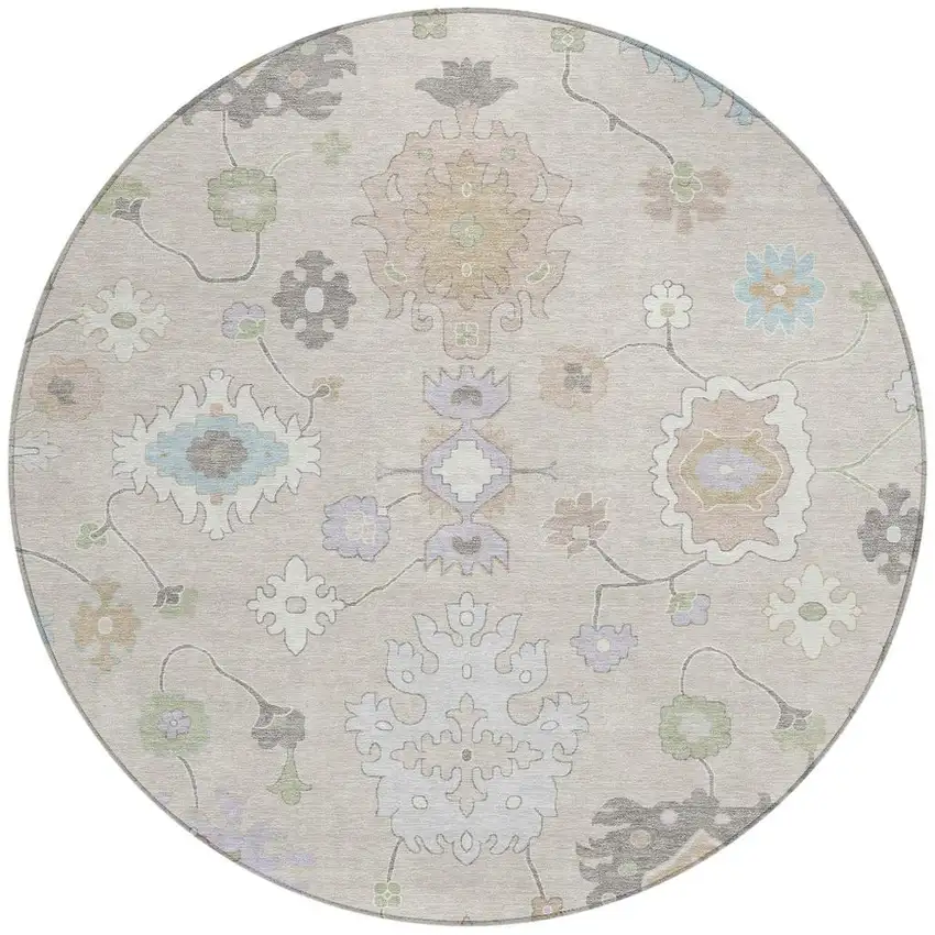 8' Linen And Fern Green Round Oriental Washable Indoor Outdoor Area Rug Photo 3