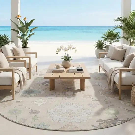 8' Linen And Fern Green Round Oriental Washable Indoor Outdoor Area Rug Photo 1