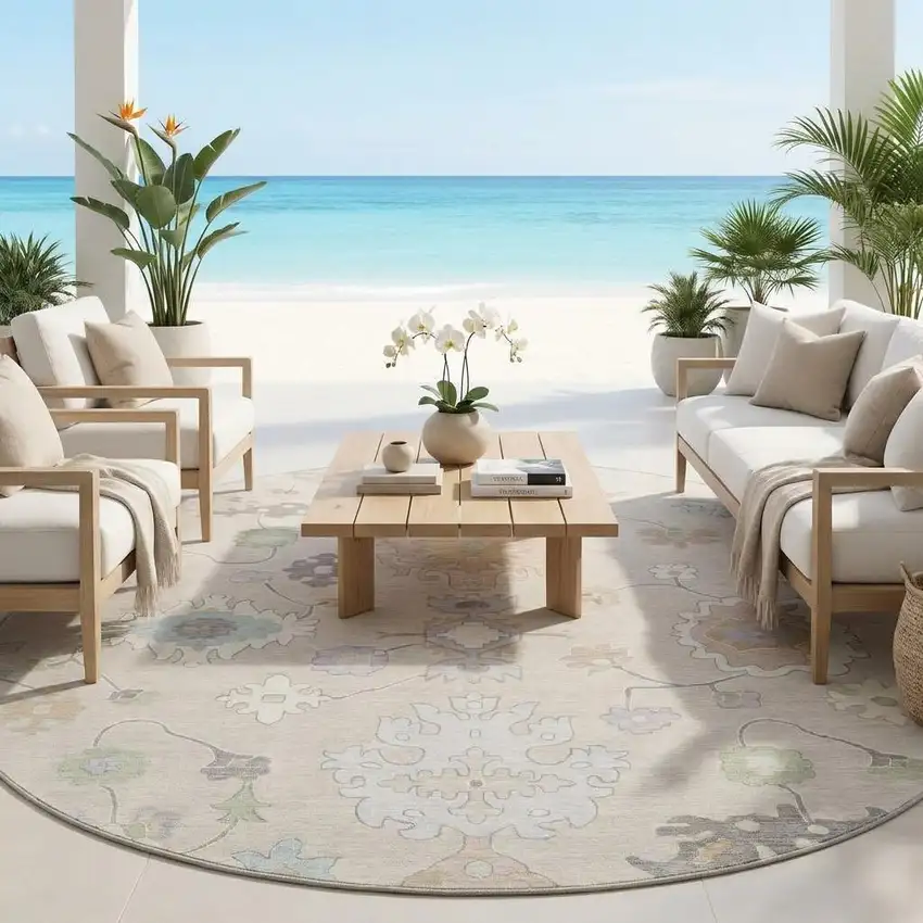 8' Linen And Fern Green Round Oriental Washable Indoor Outdoor Area Rug Photo 1