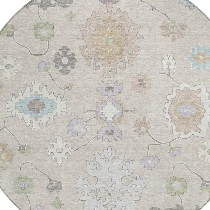 8' Linen And Fern Green Round Oriental Washable Indoor Outdoor Area Rug Photo 4