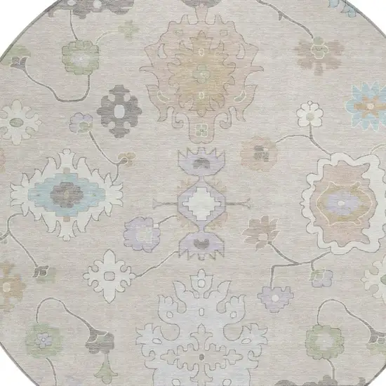 8' Linen And Fern Green Round Oriental Washable Indoor Outdoor Area Rug Photo 4