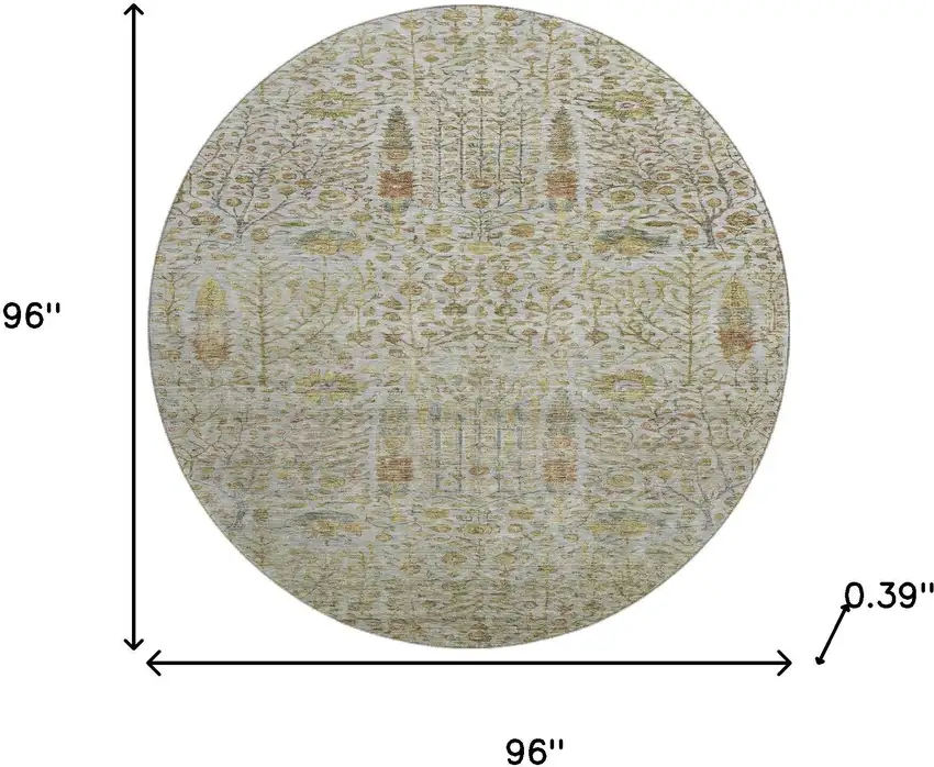 8' Linen And Gold Floral Vines Washable Round Rug With UV Protection Photo 8