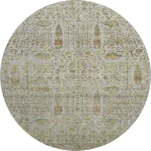 Photo of 8' Linen And Gold Floral Vines Washable Round Rug With UV Protection