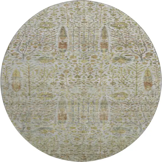8' Linen And Gold Floral Vines Washable Round Rug With UV Protection Photo 1
