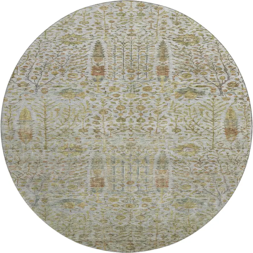 8' Linen And Gold Floral Vines Washable Round Rug With UV Protection Photo 1