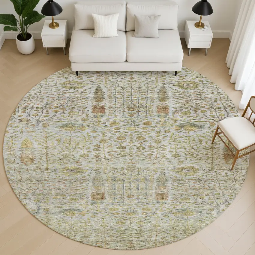 8' Linen And Gold Floral Vines Washable Round Rug With UV Protection Photo 5