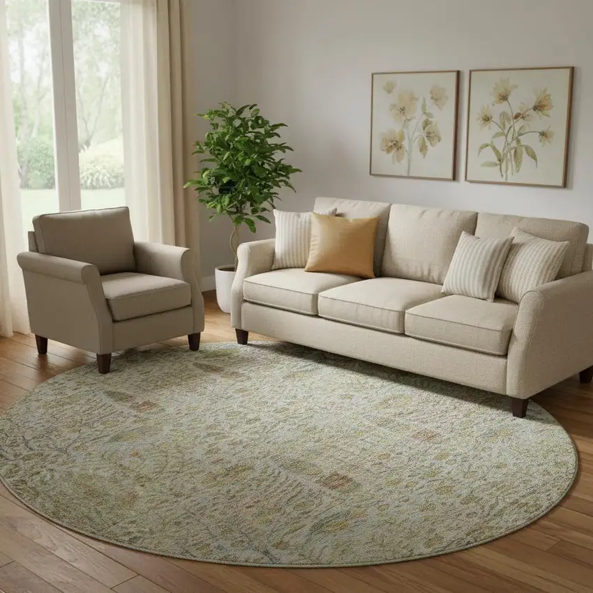 8' Linen And Gold Floral Vines Washable Round Rug With UV Protection Photo 2