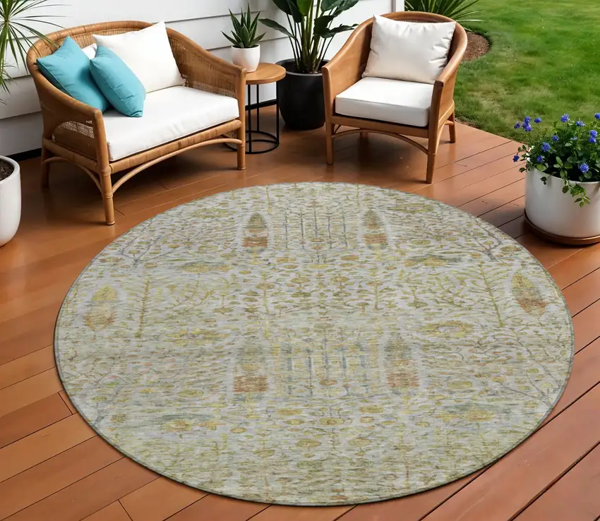 8' Linen And Gold Round Floral Washable Indoor Outdoor Area Rug Photo 2