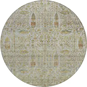 Photo of 8' Linen And Gold Round Floral Washable Indoor Outdoor Area Rug