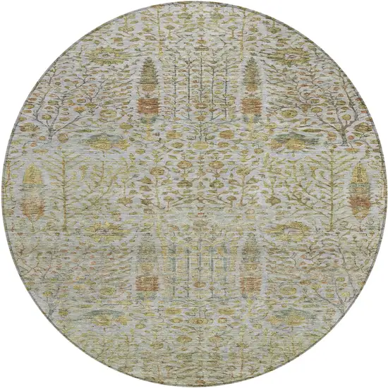8' Linen And Gold Round Floral Washable Indoor Outdoor Area Rug Photo 1