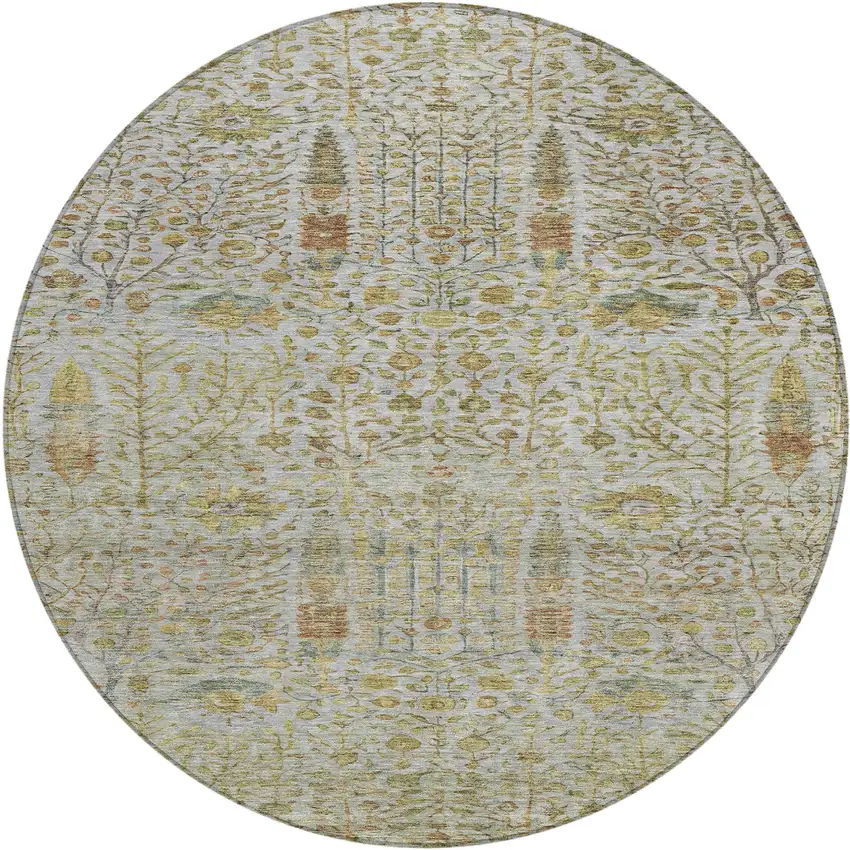 8' Linen And Gold Round Floral Washable Indoor Outdoor Area Rug Photo 1