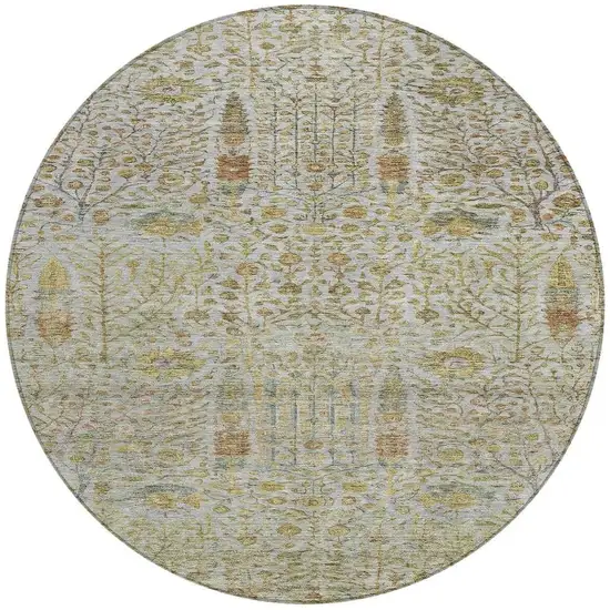 8' Linen And Gold Round Floral Washable Indoor Outdoor Area Rug Photo 3