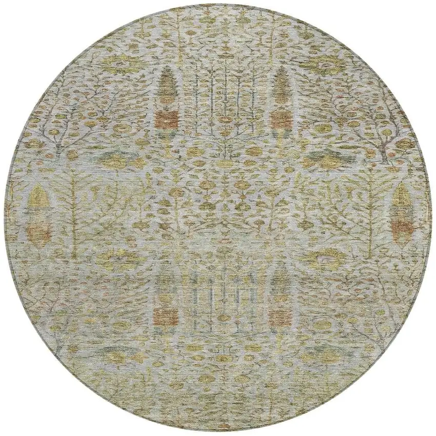 8' Linen And Gold Round Floral Washable Indoor Outdoor Area Rug Photo 3