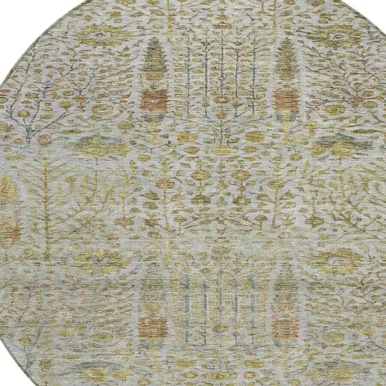 8' Linen And Gold Round Floral Washable Indoor Outdoor Area Rug Photo 8