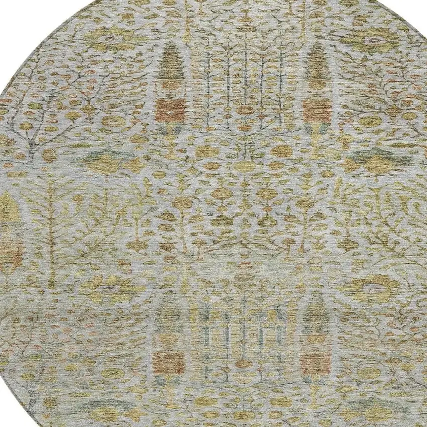 8' Linen And Gold Round Floral Washable Indoor Outdoor Area Rug Photo 8