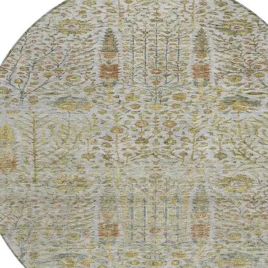 8' Linen And Gold Round Floral Washable Indoor Outdoor Area Rug Photo 4